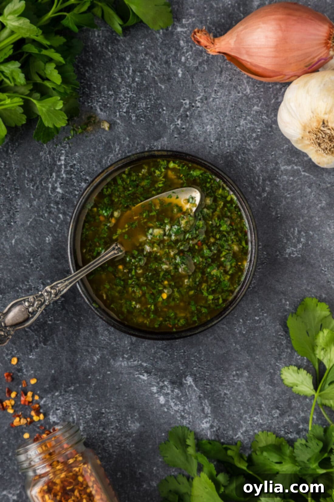 Bowl of Chimichurri with a spoon in it, showcasing its chunky texture