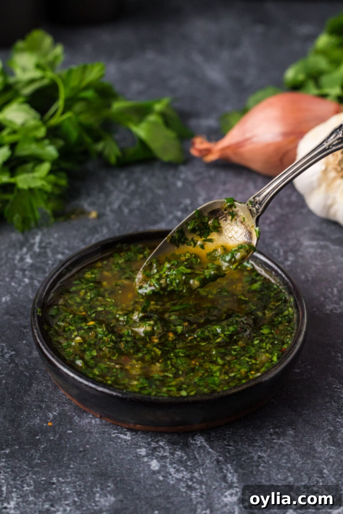 A spoon drizzling Chimichurri into a bowl of Chimichurri, highlighting its rich color