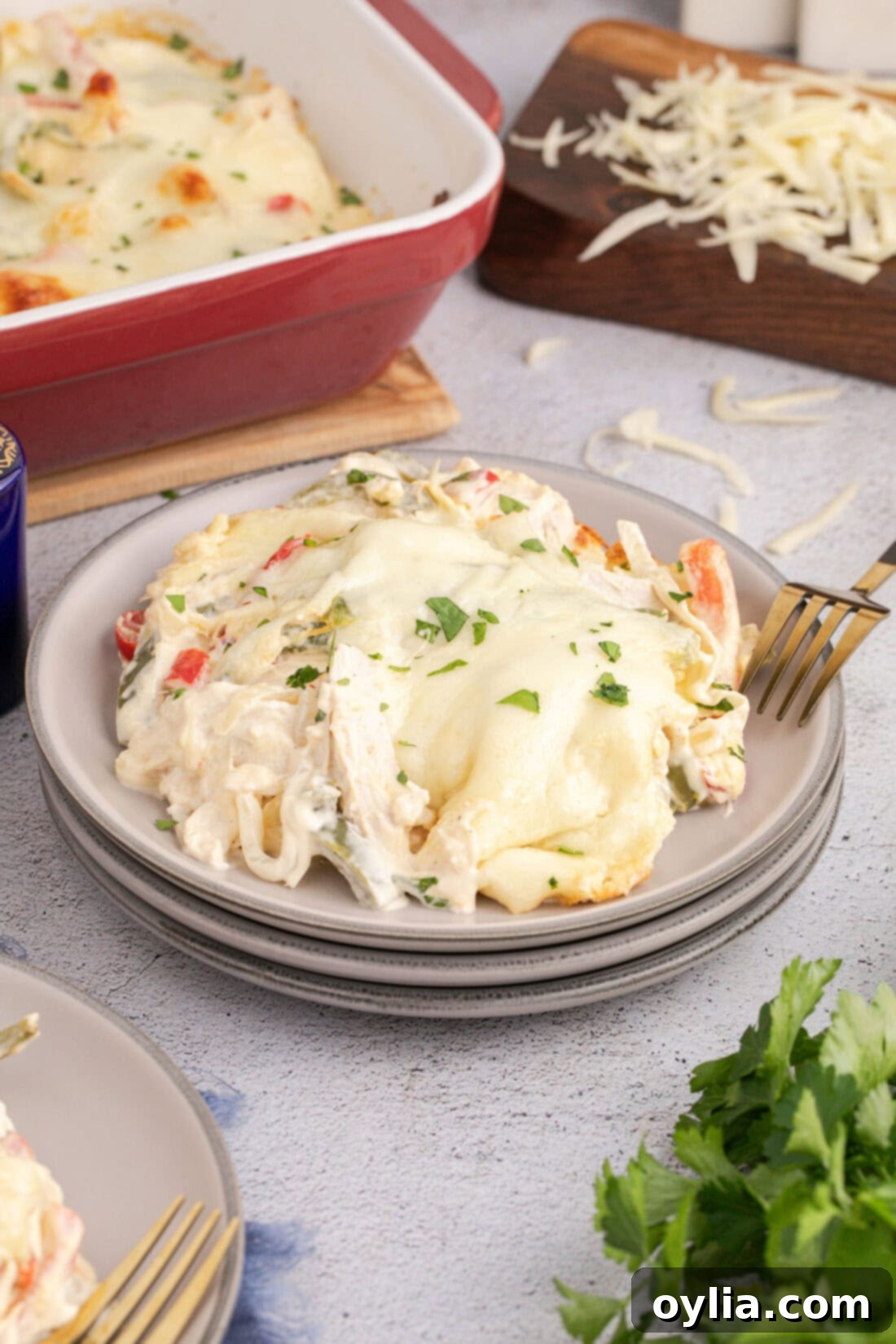 Plate of Philly Chicken Cheesesteak Casserole, perfectly portioned and ready to eat