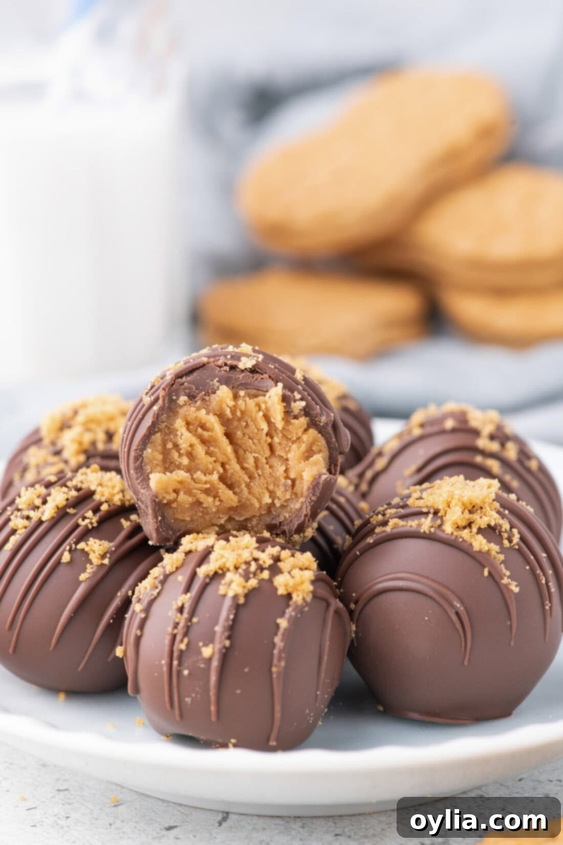 Nutter Butter Balls served on a white plate with a refreshing glass of milk in the background, perfect for a treat.