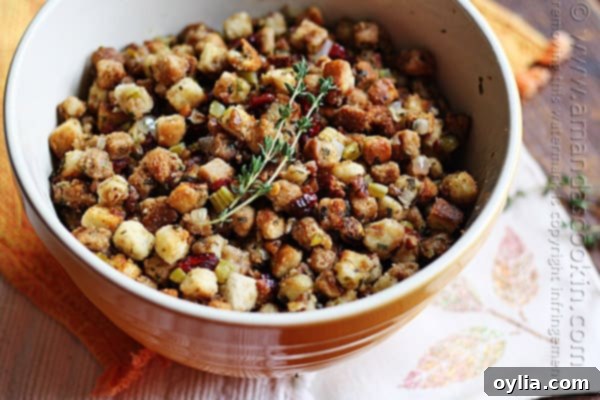 A delightful close-up of a bowl of herb-infused stuffing, ready to serve.
