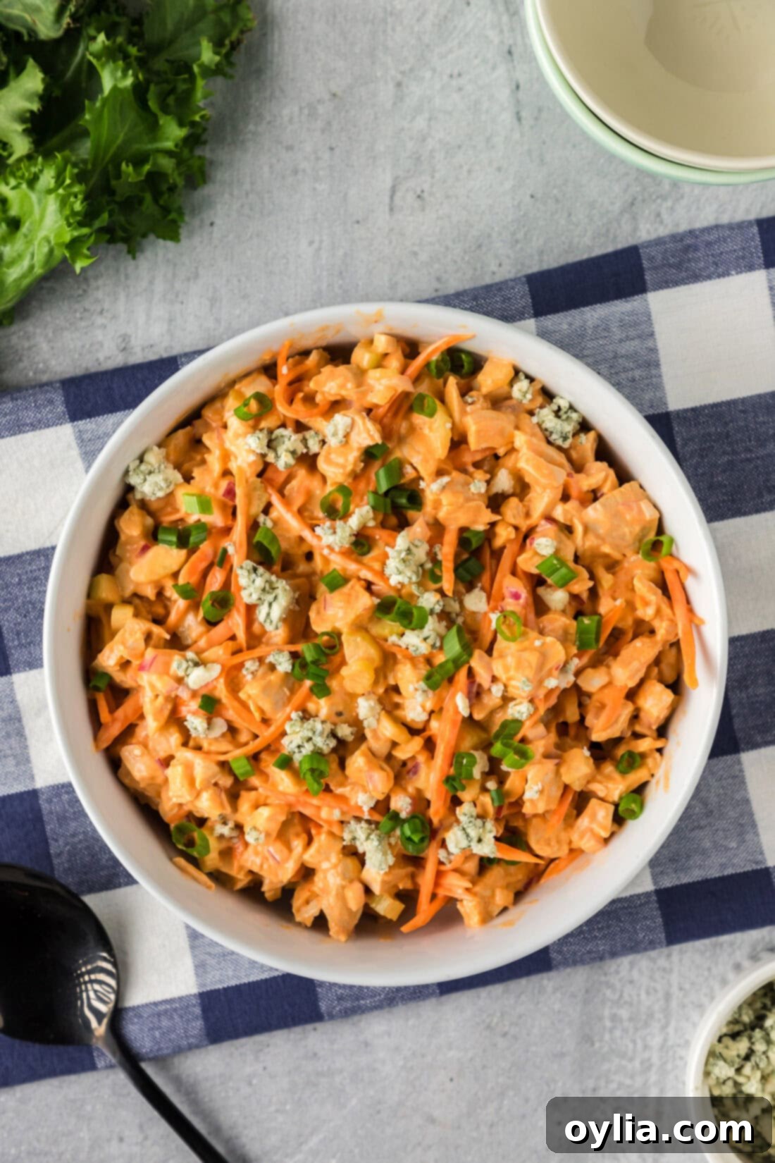 Buffalo Chicken Salad 3 A large bowl filled with freshly made Buffalo Chicken Salad, showing the creamy texture and colorful vegetable pieces.