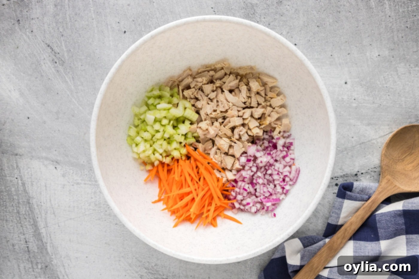 Chopped chicken, celery, onion, and carrots are mixed together in a large mixing bowl.