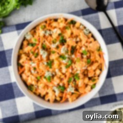 Buffalo Chicken Salad 10 Close up photo of a bowl of Buffalo Chicken Salad, highlighting its vibrant color and creamy texture.