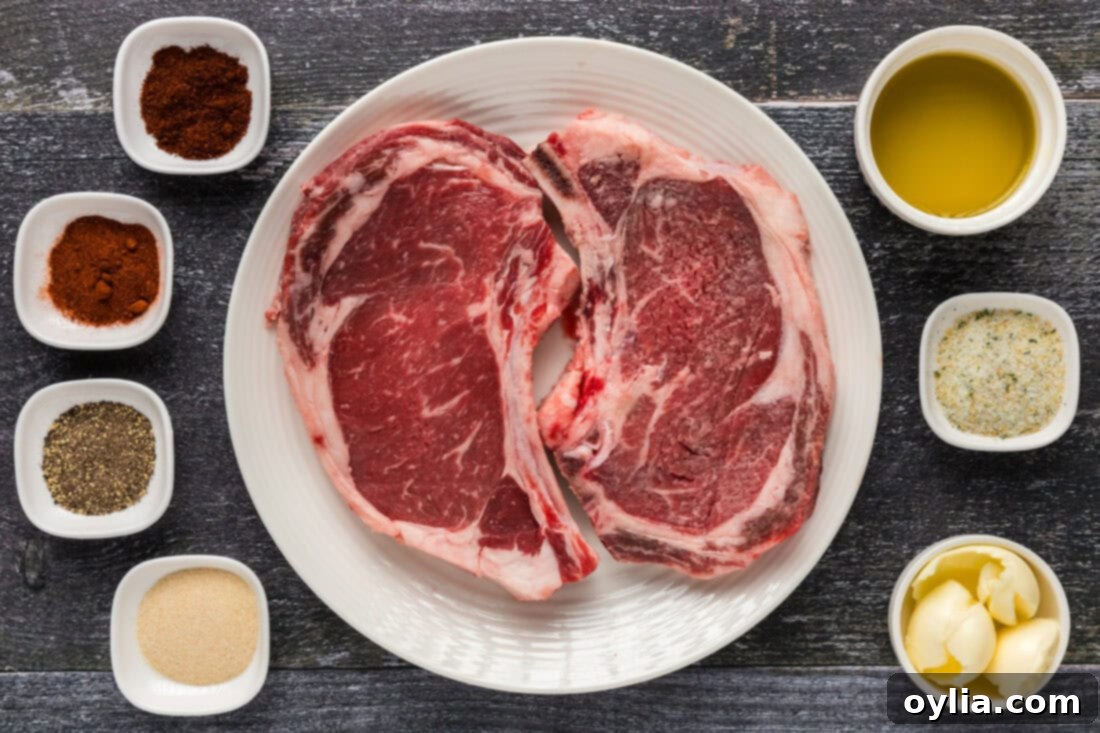 A selection of ingredients for cooking bone-in ribeye, including steak, olive oil, butter, and various spices.
