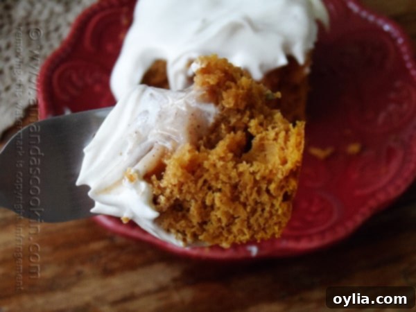 A close up photo of a piece of pumpkin pudding poke cake on a red plate.