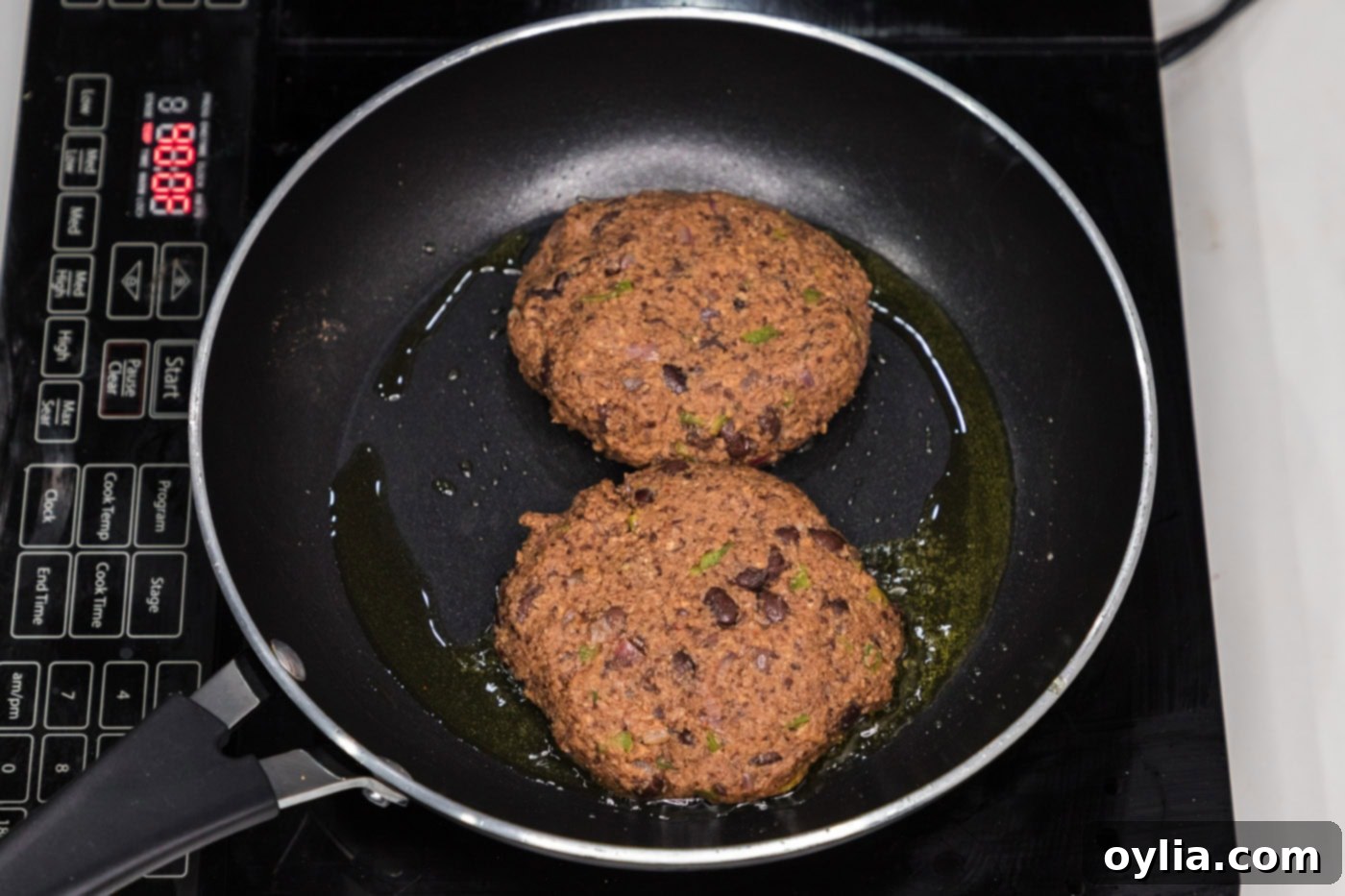 black bean burgers in a skillet