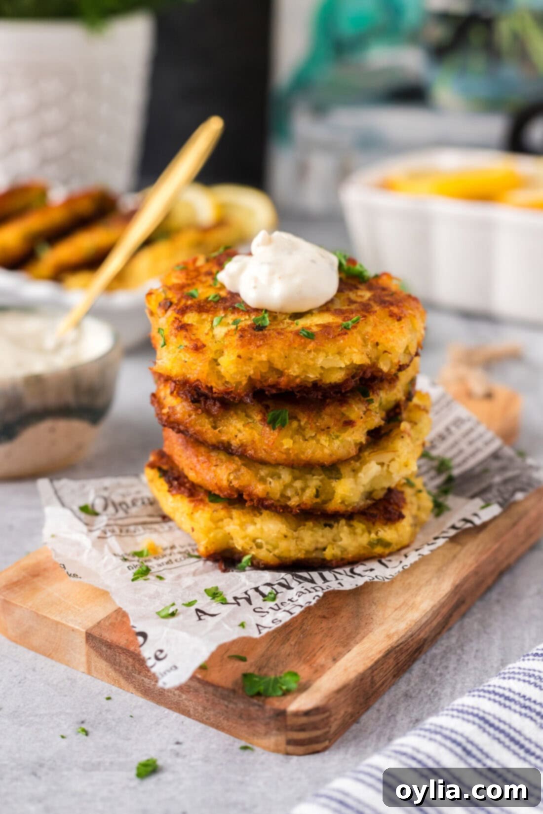 Stack of Crispy Golden Cod Fish Cakes on a white plate