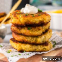 Close up photo of a stack of Crispy Cod Fish Cakes