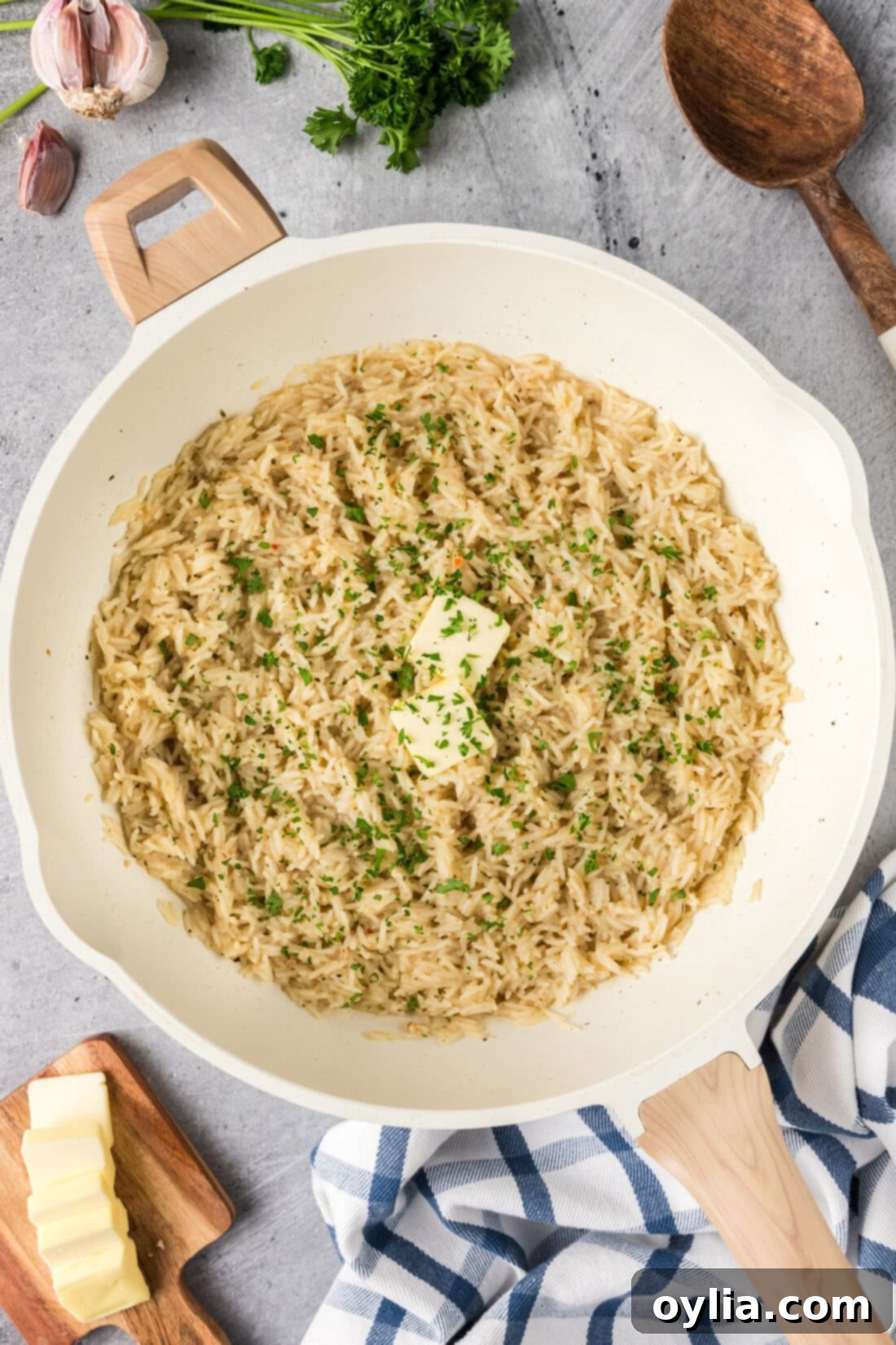 Skillet of Garlic Butter Rice, a perfect fluffy and aromatic side dish