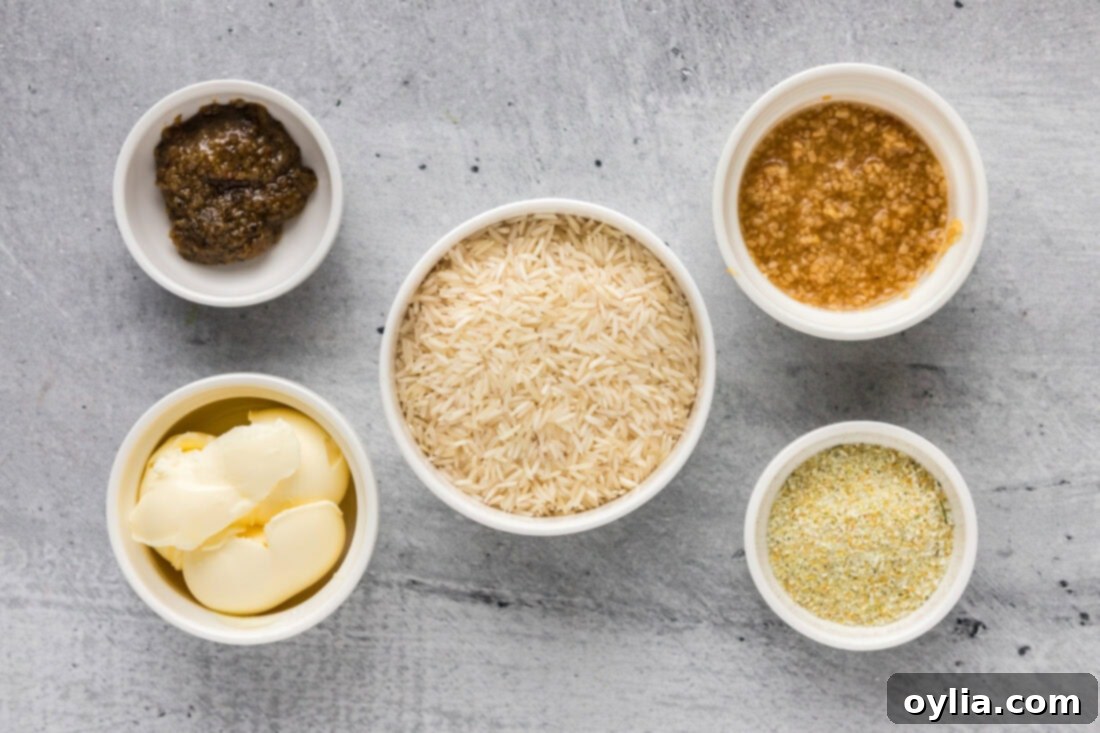 Collection of fresh ingredients for making homemade Garlic Butter Rice