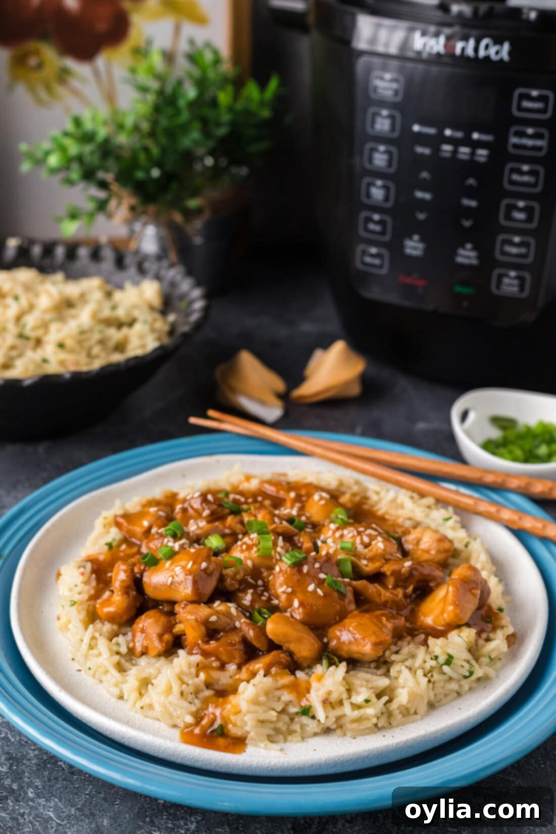 A beautifully plated dish of Instant Pot Bourbon Chicken over rice, garnished with green onions and sesame seeds.