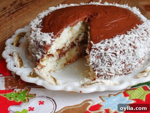 A close up photo of an almond joy coconut snowflake cake.
