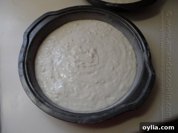 Cake batter being poured into two round baking pans, ready for the oven.