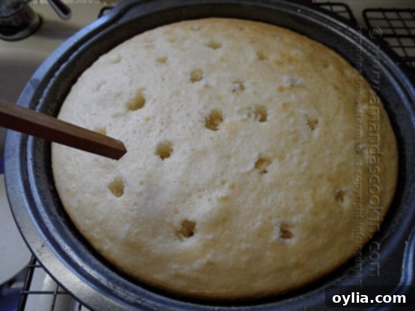 A cake layer with holes poked into its surface, ready for soaking.