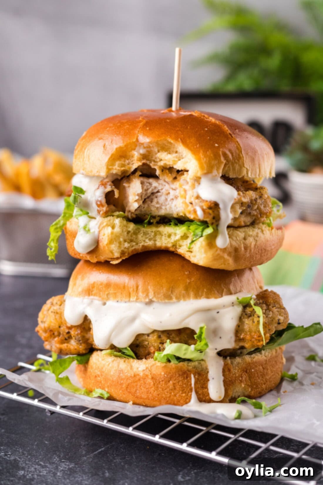Two Crispy Chicken Burgers stacked on top of each other with a bite taken out of the top one, showcasing the golden crust and juicy interior.