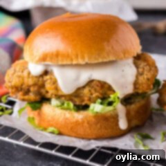 Close up photo of a Crispy Chicken Burger, highlighting the crunchy golden breading and fresh toppings.