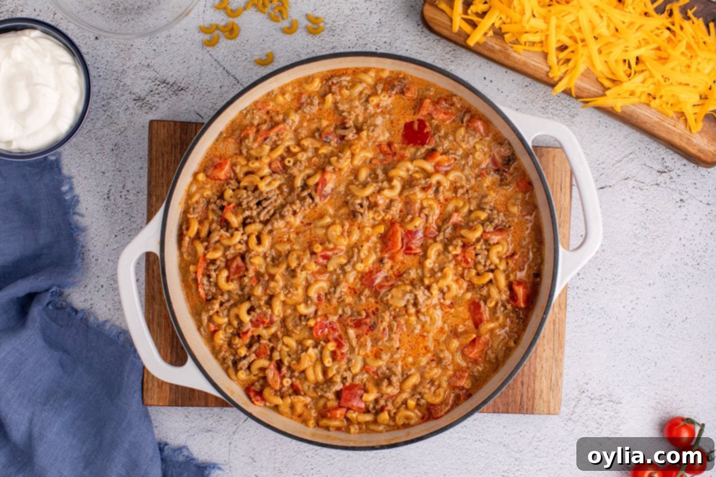 stirred taco mac in a skillet