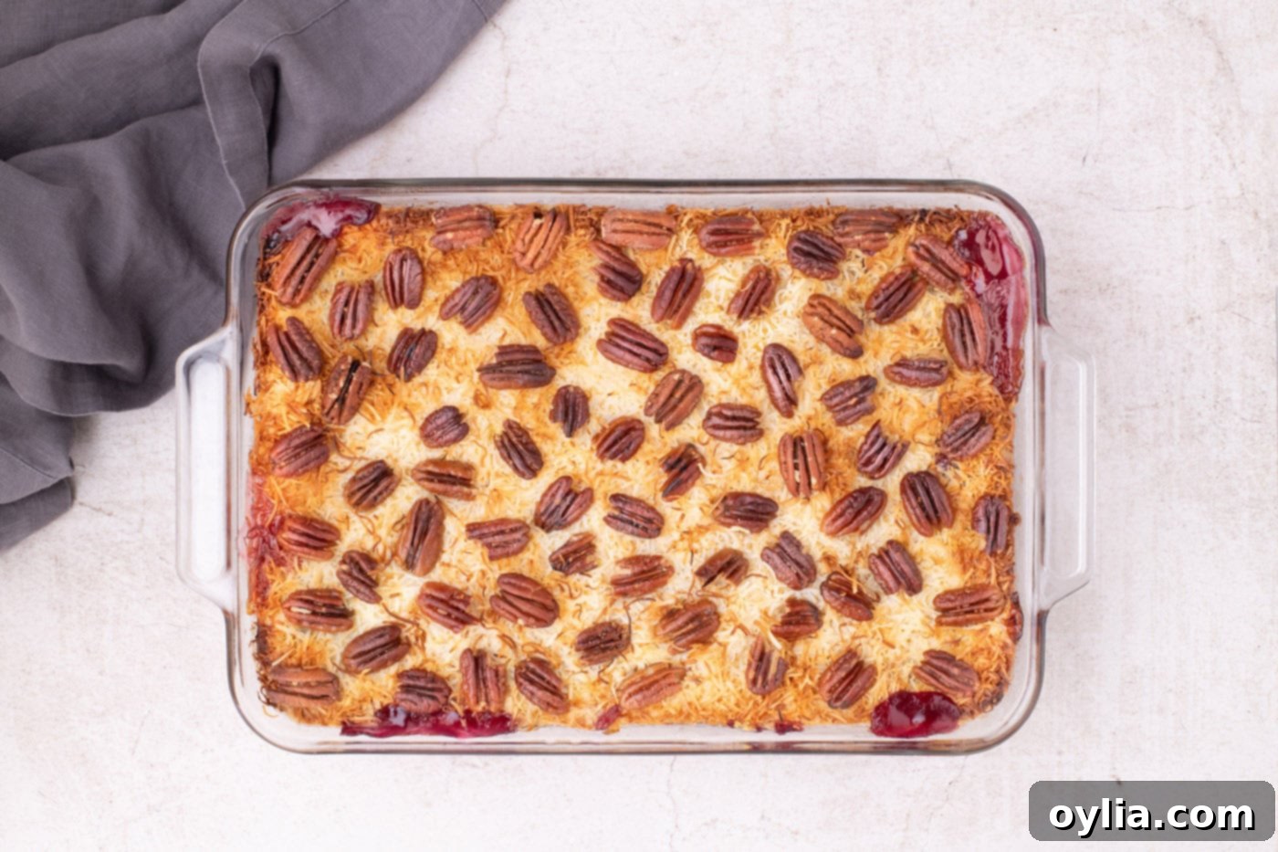 Baked Texas Pie in the baking dish, golden brown and bubbly, seen from overhead