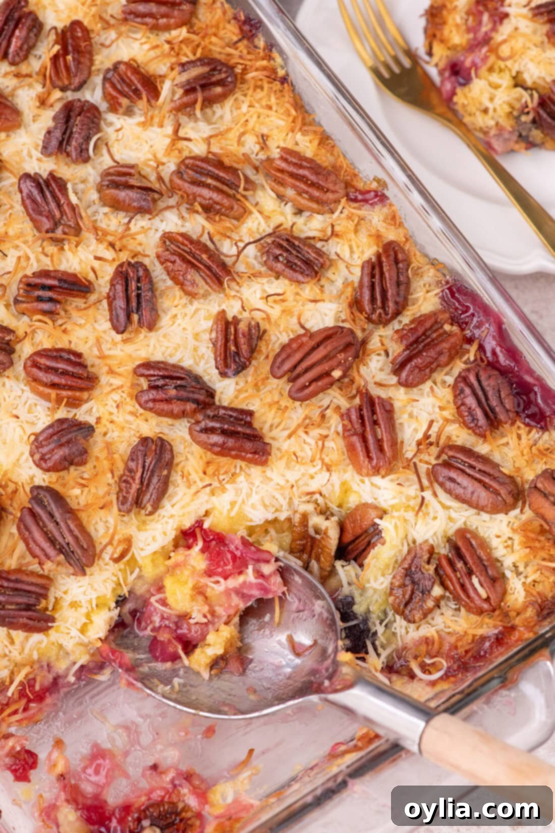 Overhead photo of a Texas Pie with a serving spoon taking a portion out