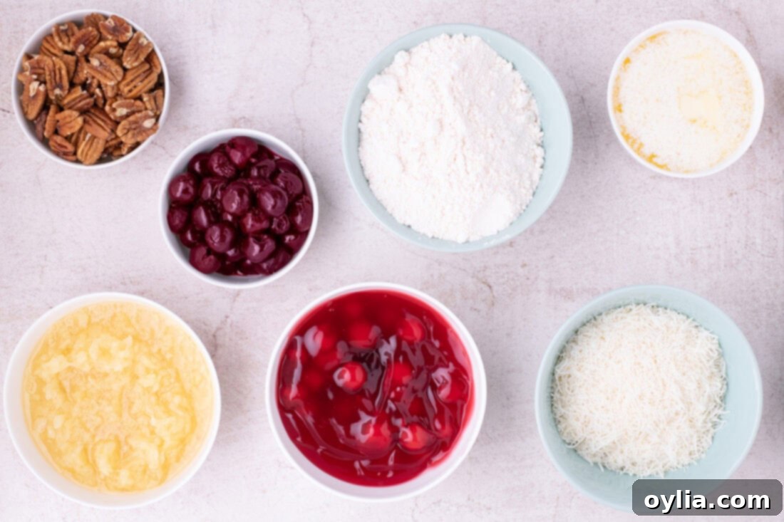 A flat lay photograph of all the ingredients for Texas Pie laid out on a surface