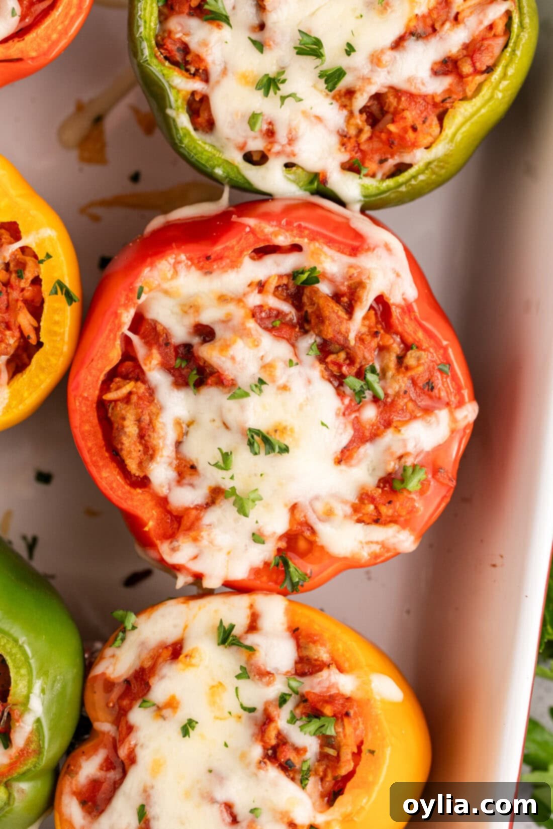 Hearty Turkey Pepper Boats 11 Overhead close-up shot of perfectly baked Turkey Stuffed Peppers, with golden-brown cheese and rich filling, served in a dish.