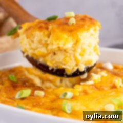 Close up photo of a scoop of Corn Pudding