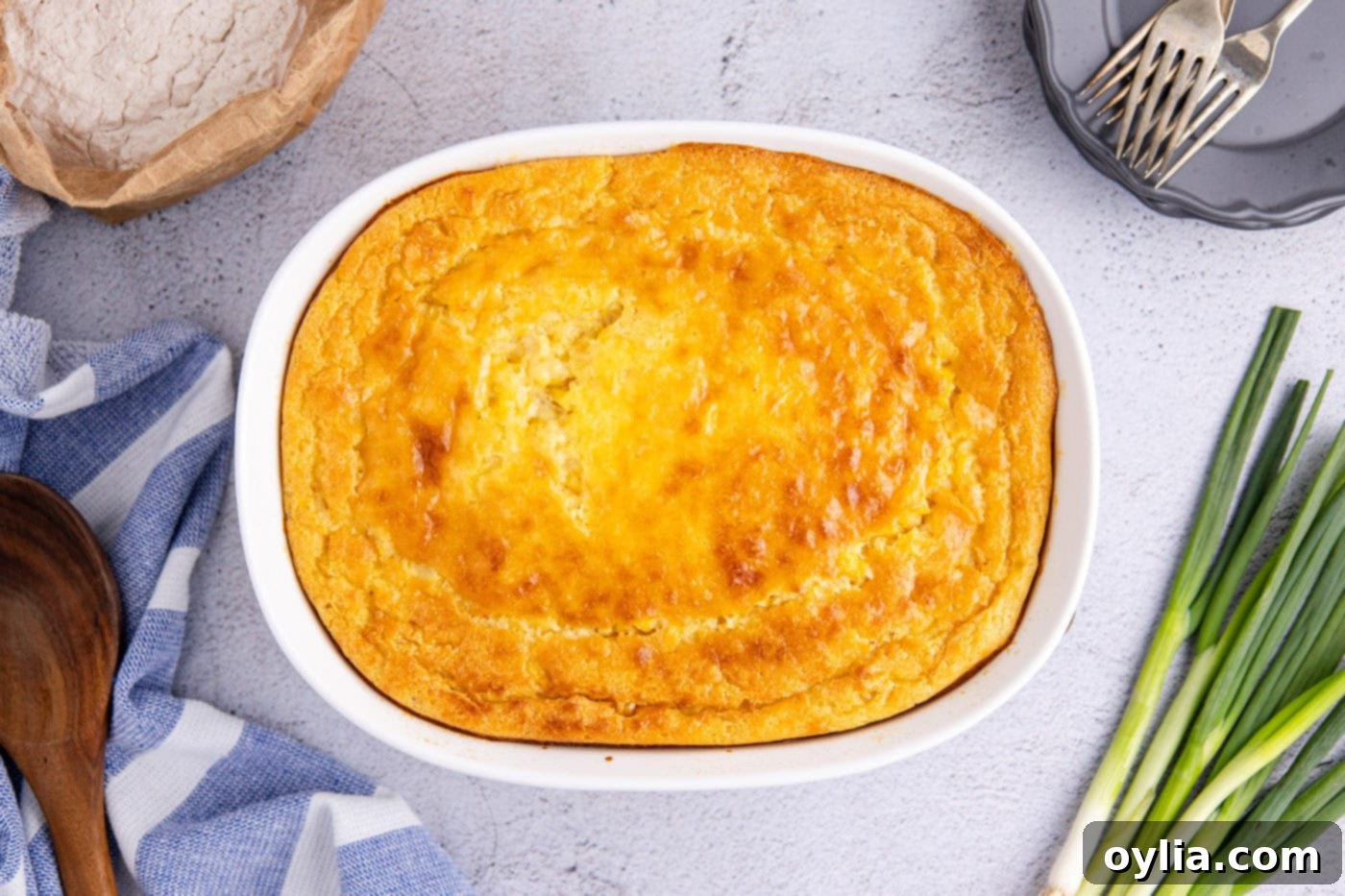 baked corn pudding in a casserole dish