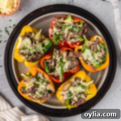 Close up photo of a plate of Philly Cheesesteak Stuffed Peppers