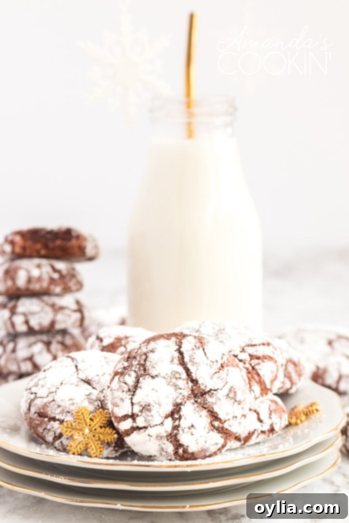 chocolate crinkle cookies on plate with bottle of milk