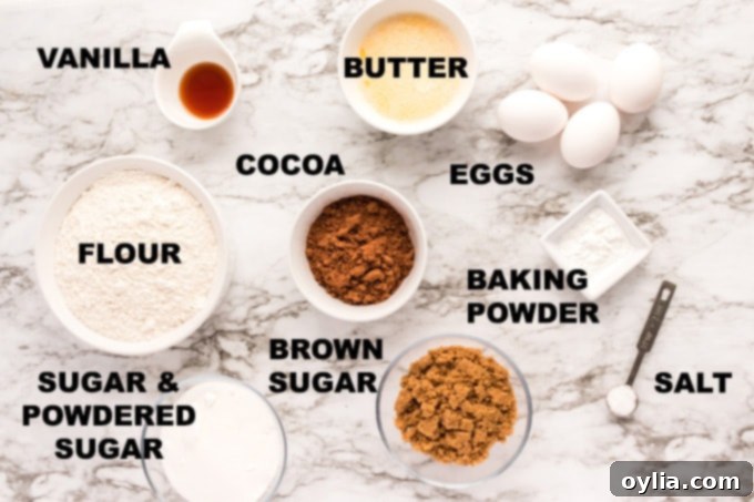 ingredients for chocolate brownie snow cookies