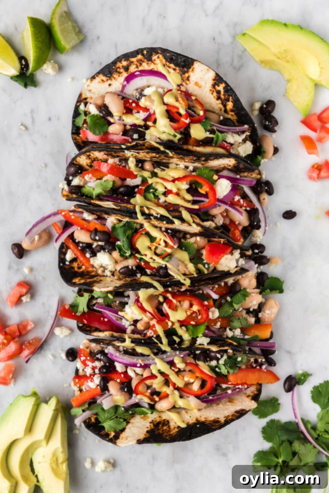 Vegetarian Tacos on a marble platter with tomatoes, limes and avocado slices on the side