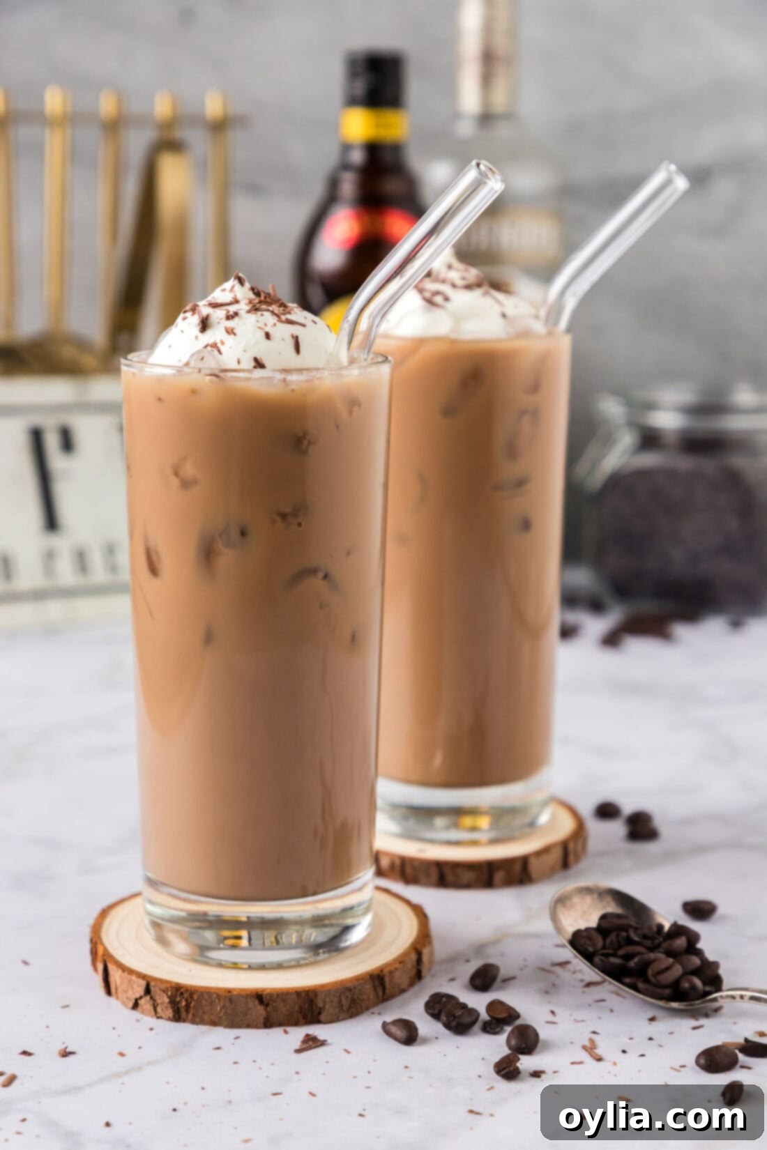 Spirited Iced Coffee 2 Two Spiked Iced Coffees on wooden coasters