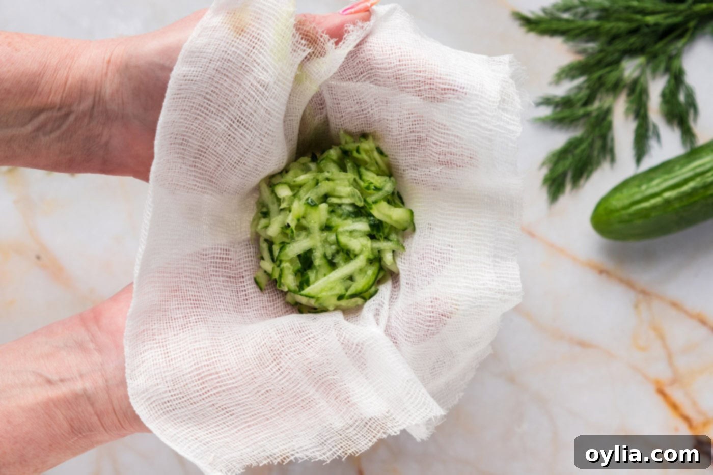 shredded cucumber in a cheesecloth