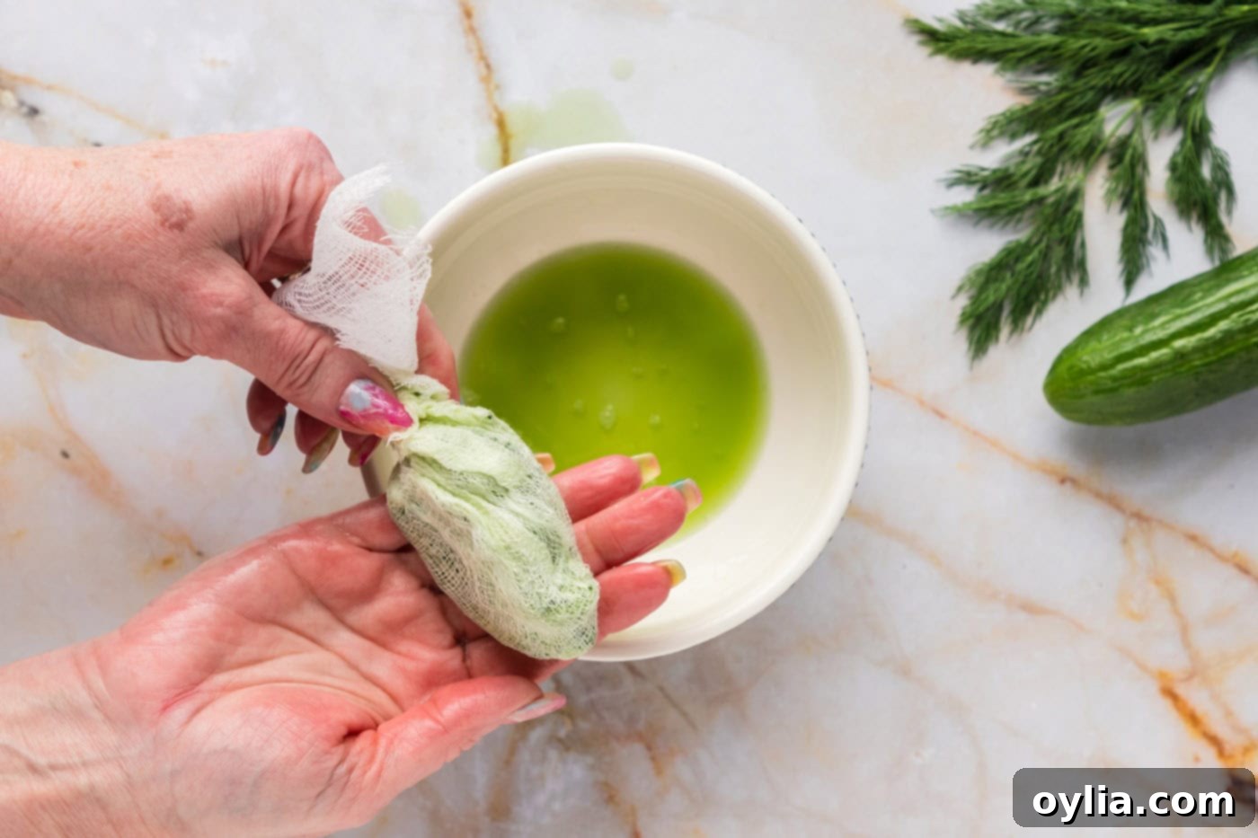 shredded cucumber squeezed of its juices in a cheesecloth