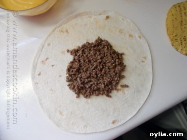 Overhead view of a large flour tortilla with seasoned ground beef spread in the center, ready for layering.