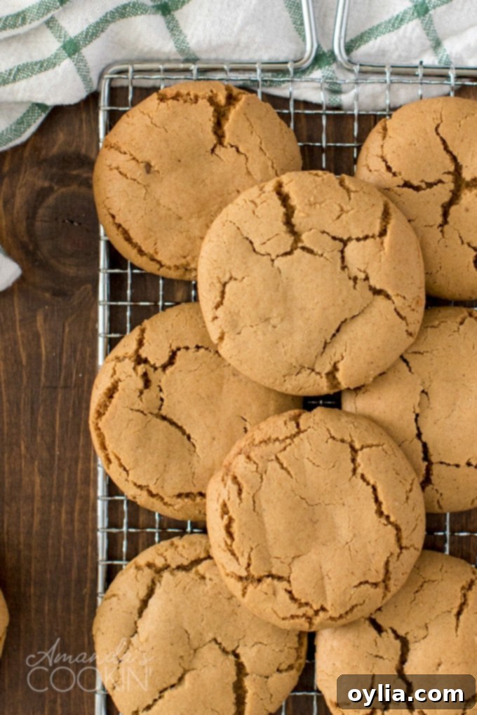 Freshly baked soft gingersnap cookies cooling on a wire rack.