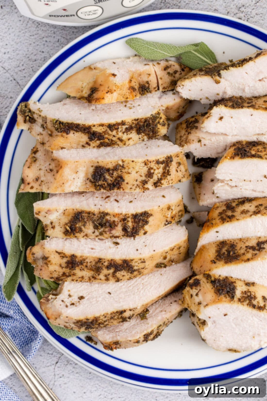 Close up photo of Crockpot Turkey Breast on a plate cut into slices