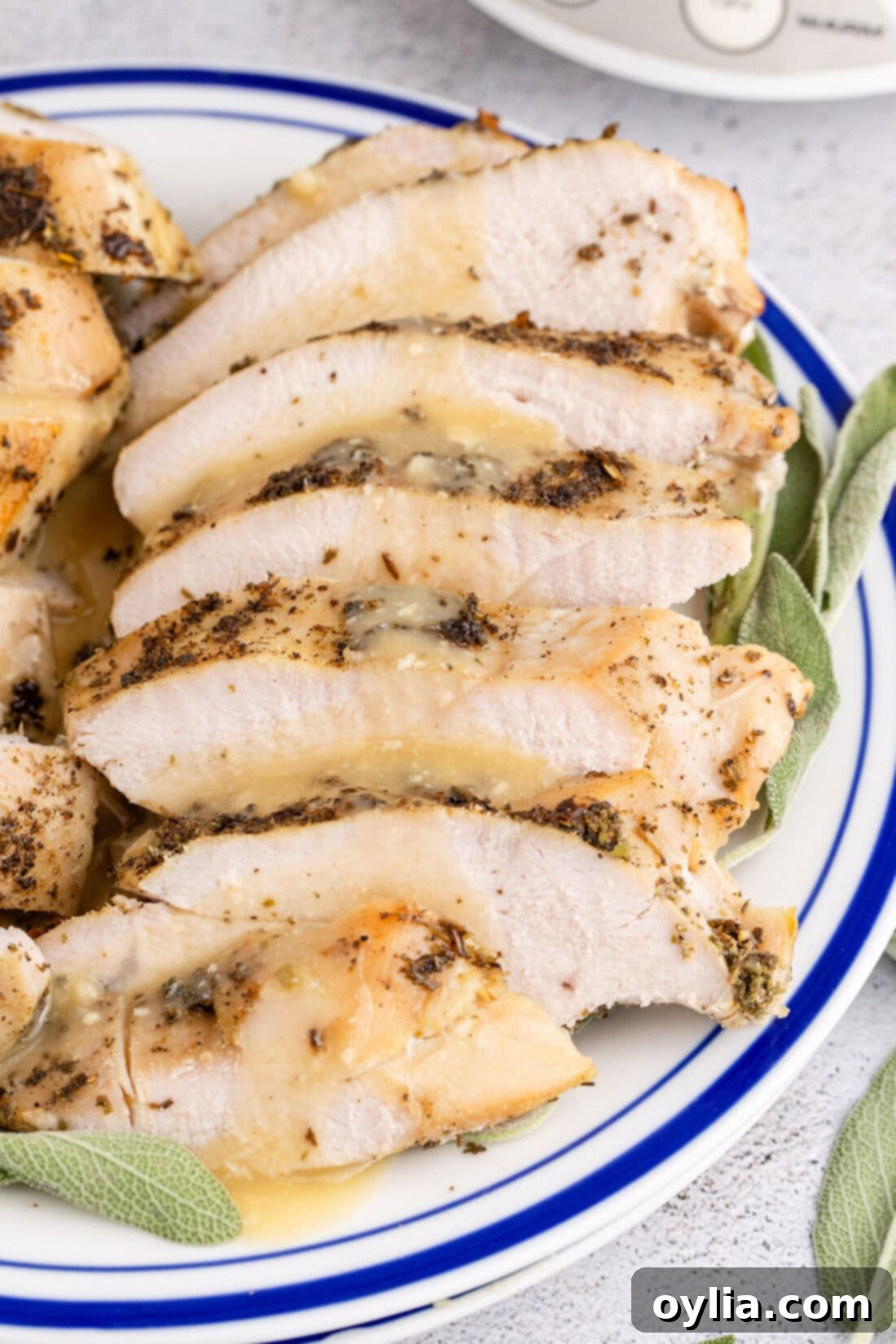 Juicy Slow Cooker Turkey Breast 15 Slices of Crockpot Turkey Breast covered in gravy on a plate