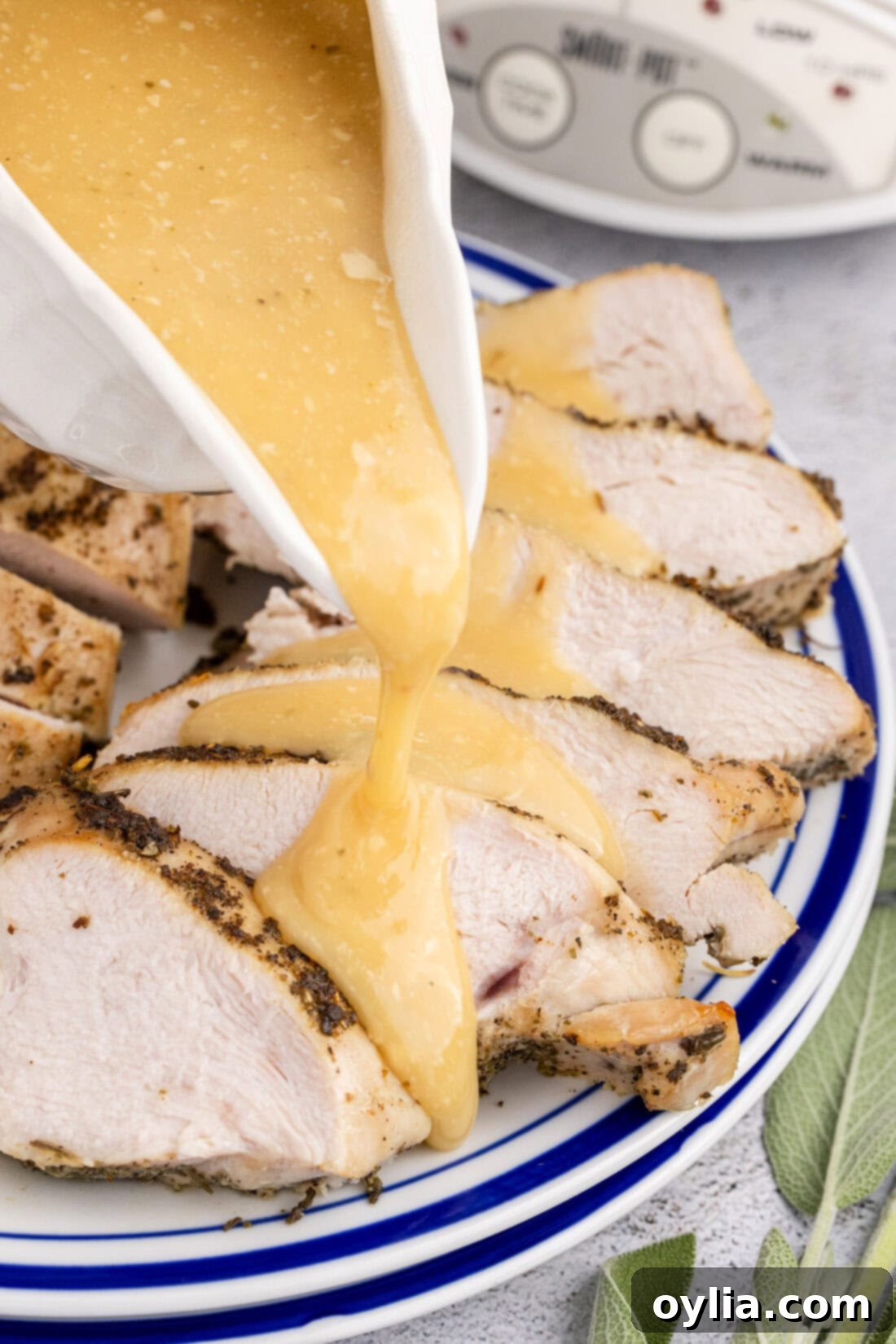 Juicy Slow Cooker Turkey Breast 3 Gravy being poured onto slices of Crockpot Turkey Breast
