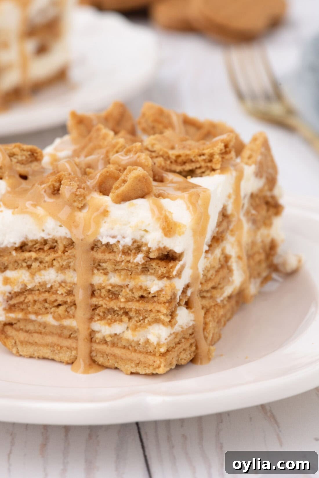 Close up photo of a slice of Nutter Butter Icebox Cake