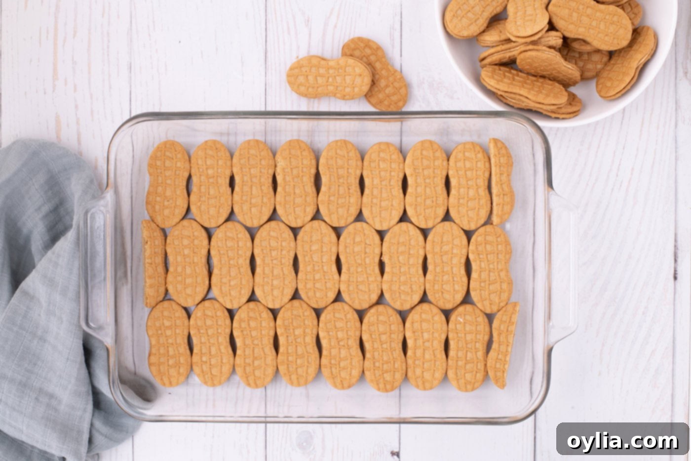 nutter butter cookies lined in a baking dish