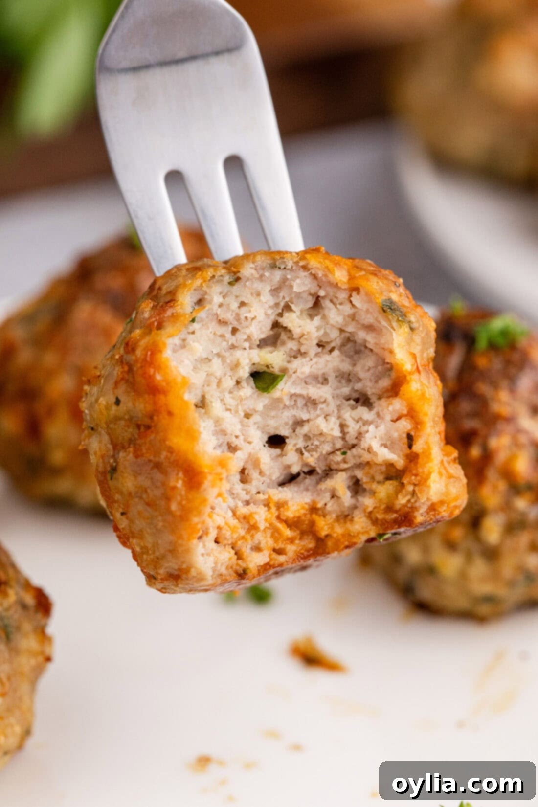 Chicken Meatball on a fork with a bite taken out
