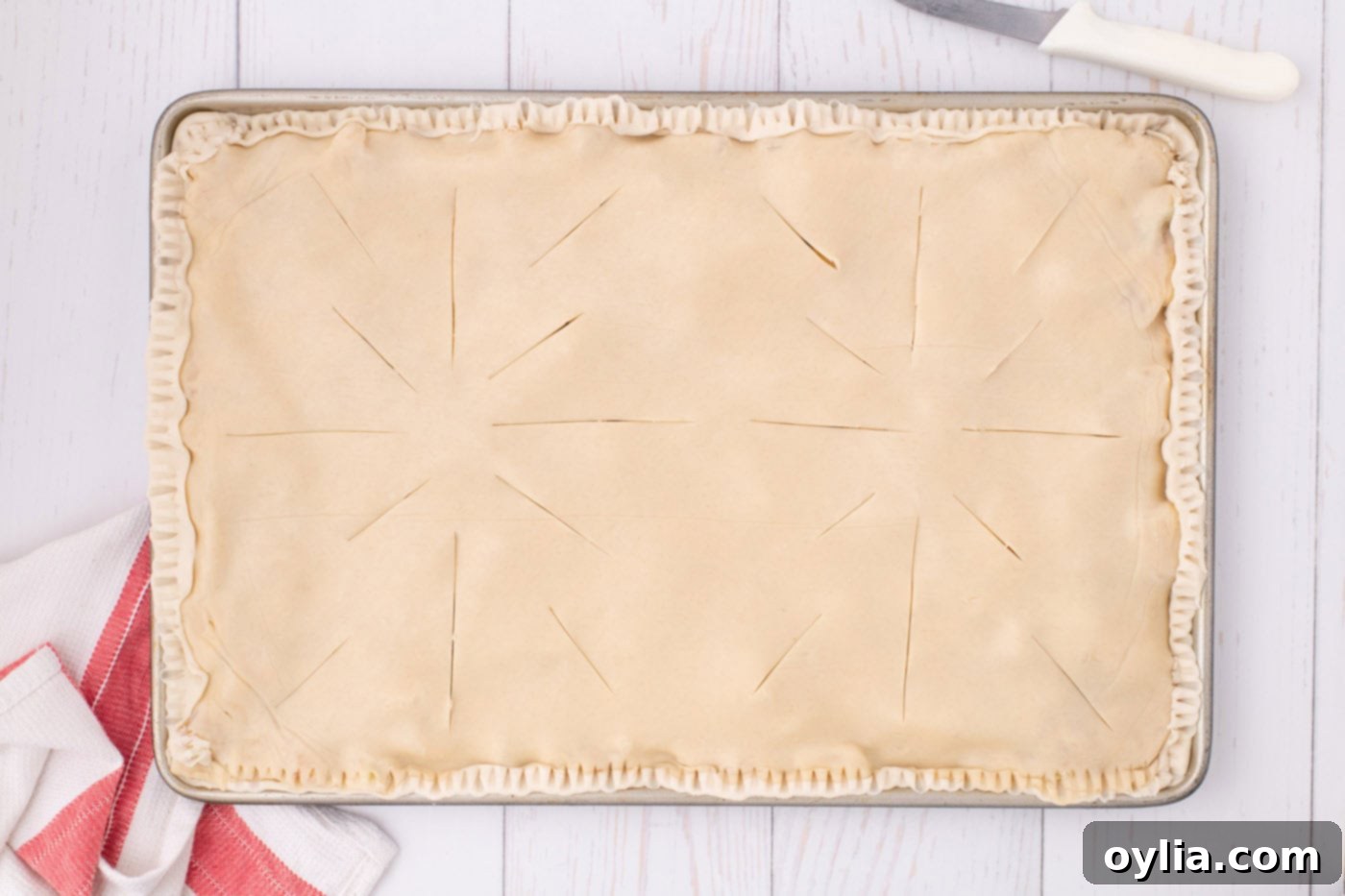 A top-down view of an apple slab pie with neat slits cut into the top crust, prepared to allow steam to escape during baking.