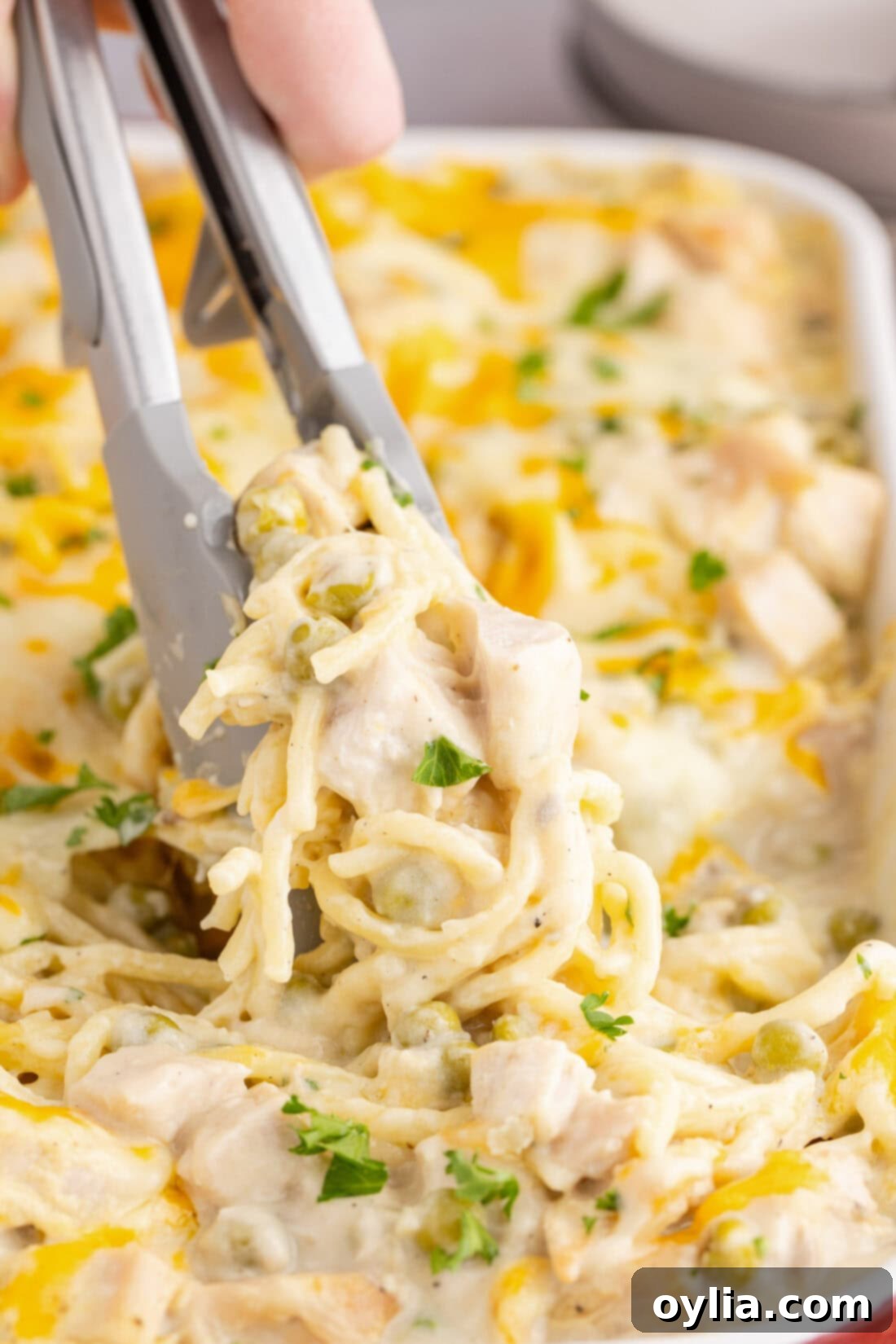 Turkey Tetrazzini 2 Tongs picking up a serving of creamy Turkey Tetrazzini from a casserole dish