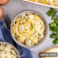 Turkey Tetrazzini 12 Close up photo of a bowl of creamy Turkey Tetrazzini garnished with fresh parsley
