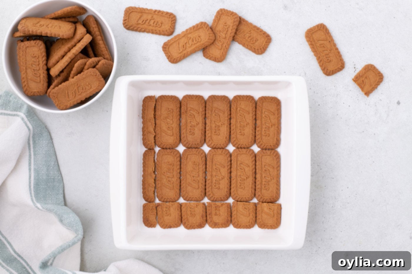 Biscoff cookies layered in a baking dish
