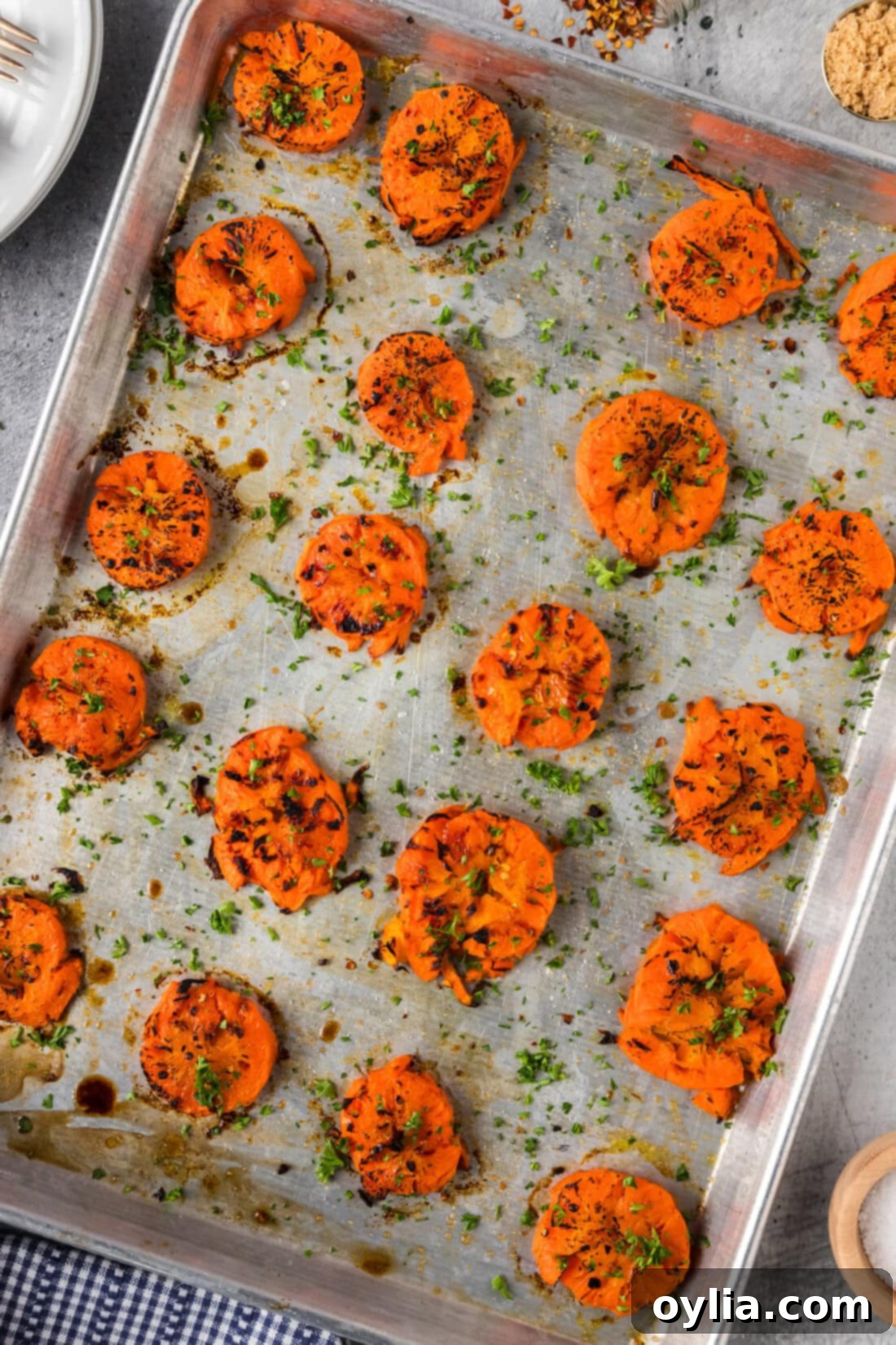 Crispy Smashed Carrots 11 Smashed Carrots on a baking sheet