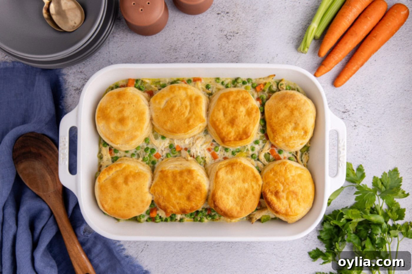 chicken pot pie casserole with biscuits