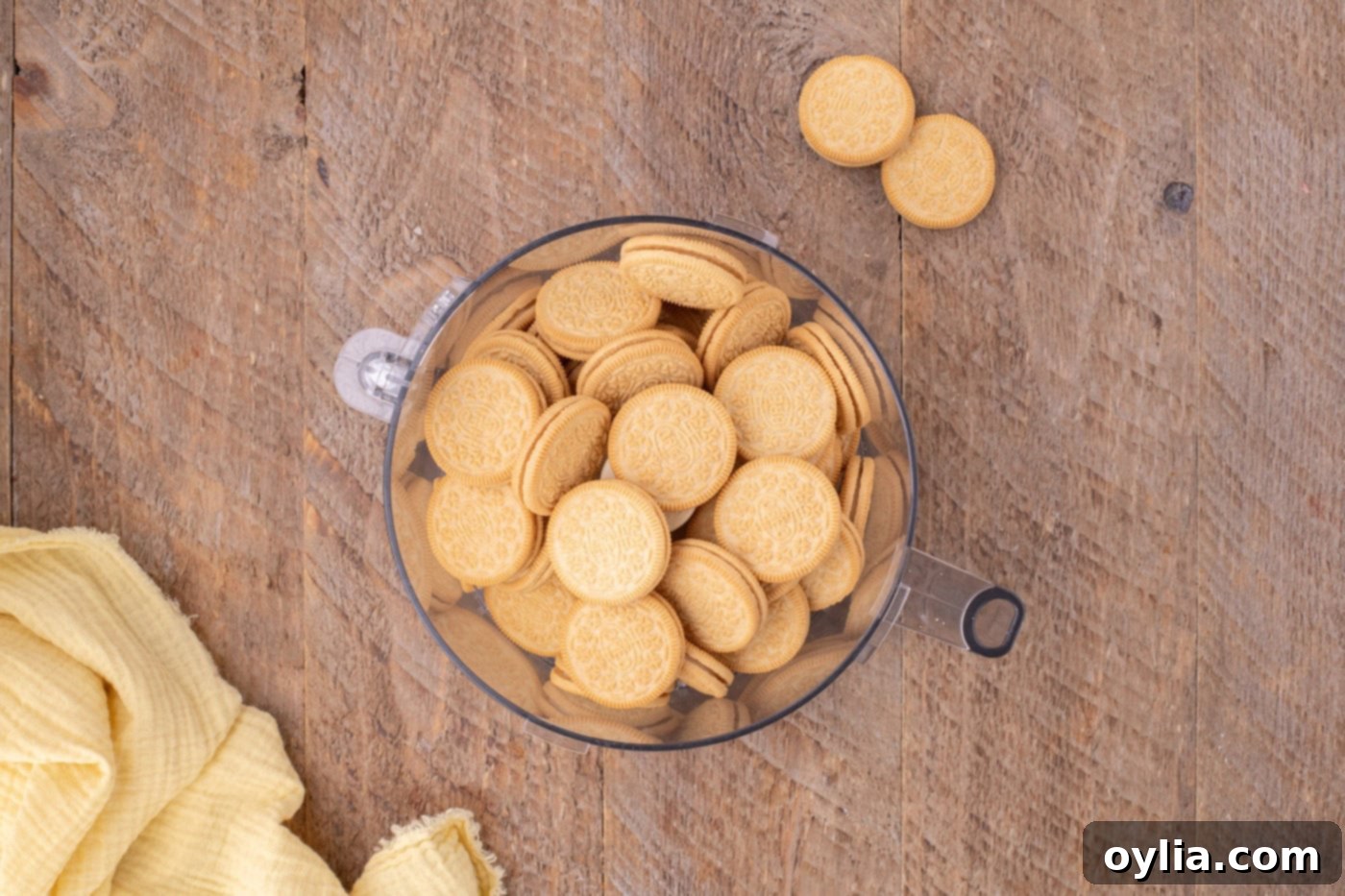 golden oreos in a food processor bowl